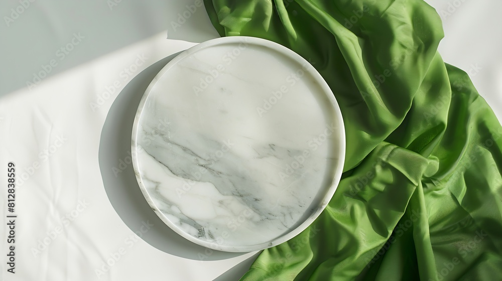 Poster Empty marble plate with green fabric on white textured background Minimalist summer table setting Eco friendly style Top view : Generative AI