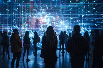 People in a data center surrounded by servers. network security and information technology management. international global communication