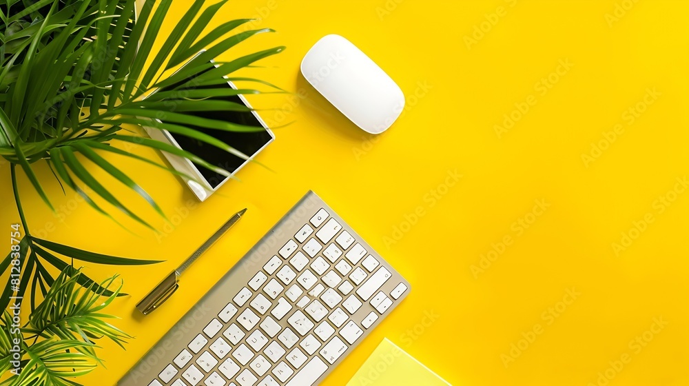 Aufkleber Office desk workspace on bright color yellow background Office table Work space layout with computer keyboard plant mouse notepad notes and copy space Top view office table with palm p : Generative AI