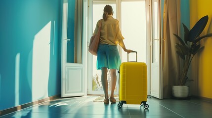 Outdoor woman traveler with yellow suitcase opening closing door of the house : Generative AI