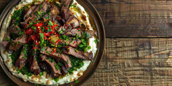 Turkish dish Hunkar Begendi on a rustic wooden table, Tender braised lamb stew served over bed of creamy eggplant puree