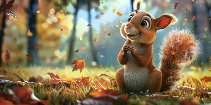 Happy cartoon squirrel, smiling, friendly