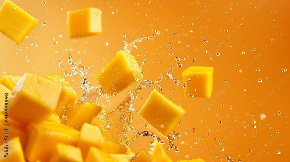 Aufkleber Creative layout made from Mango fruit with mango cubes and slices and Splashing on a orange background : Generative AI