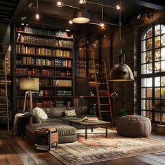 premium of a cozy living room with a gray couch and white pillows, complemented by a tall lamp and stacked books, set against a large window and wood floor a green plant adds a touch