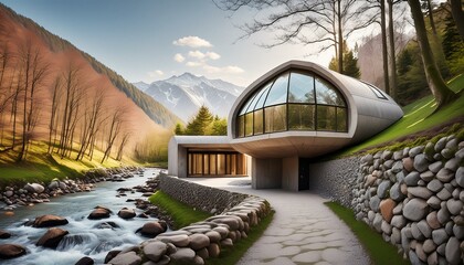 Enchanting Spring Haven: A Reinforced Concrete Cottage Amidst Forest Serenity, Glass Roof, Babbling Brook, and Mountain Majesty - Powered by Adobe