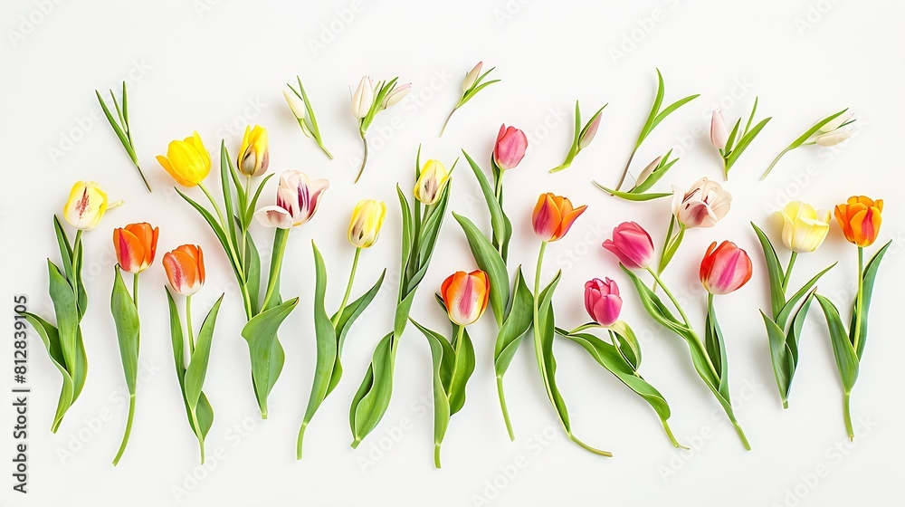 Poster Spring tulips Composition and creative layout made of colorful tulip flowers isolated on white background Top view flat lay Design element : Generative AI