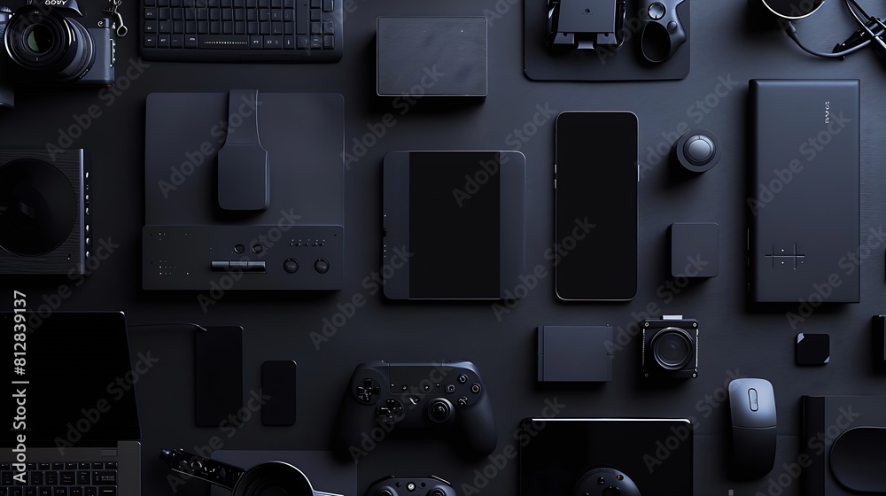 Poster business concept flat lay composition with various black gadgets on dark black surface : generative 
