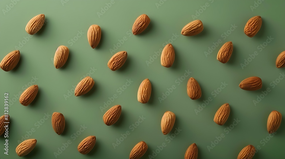 Poster creative layout made of almond on the green background flat lay food concept macro concept : generat