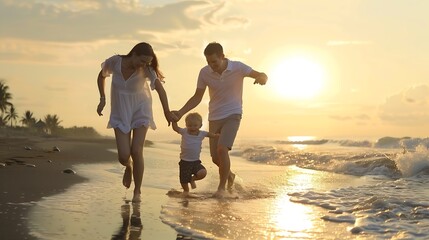 Fototapeta premium Happy family father mother baby son hold hands and run with fun along sunset sea surf on black sand beach Active parents and people outdoor activity on tropical summer vacations with : Generative AI