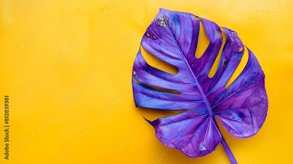 Poster purple painted tropical leaf on white and yellow background minimal summer exotic concept with copy 