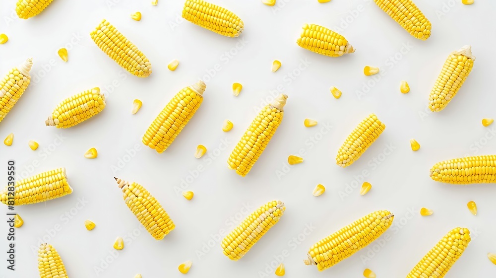 Poster creative layout made of yellow corn on the white background flat lay food concept macro concept : ge