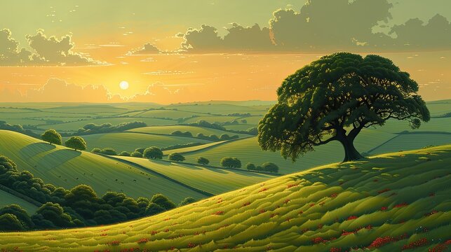 Serene landscape of vibrant rolling orange hills. Generative AI