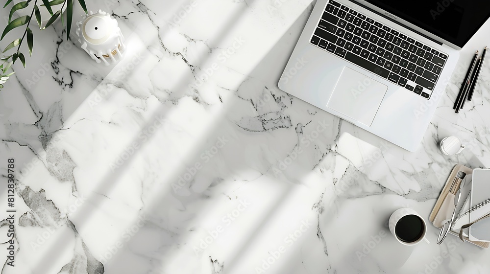 Poster white marble office desk table with laptop computer and supplies top view with copy space flat lay :