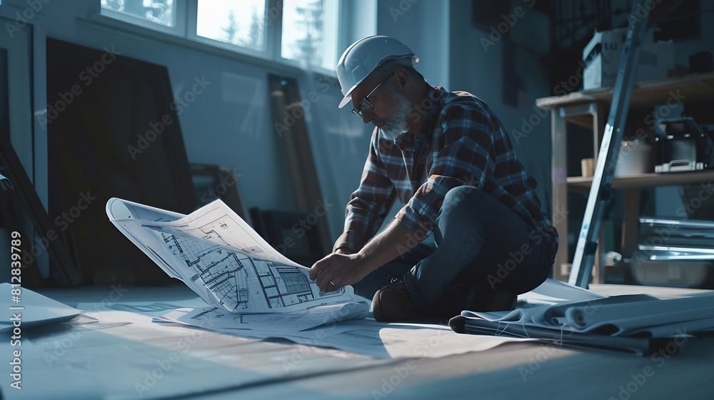 Poster architect builder studying layout plan of the rooms while sitting on the floor serious civil enginee