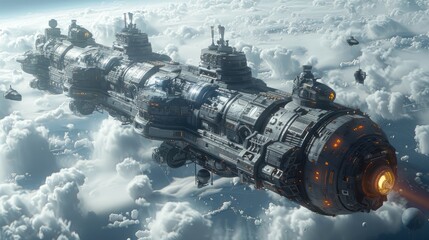 Colossal spaceship hovering among fluffy clouds. Generative AI