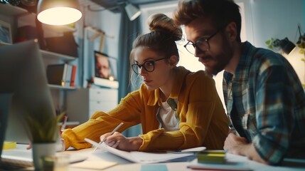 Obraz premium Two web designers brainstorming for ideas and sketching : Generative AI