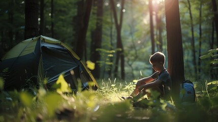 Boys solo camp in the fresh green forest : Generative AI
