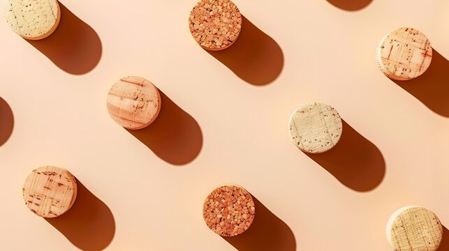 Pattern with wine corks from white and red wine on beige pastel color background with hard light and shadow at sunlight Trend layout with bottle cap wooden cork top view minimal flat l : Generative AI