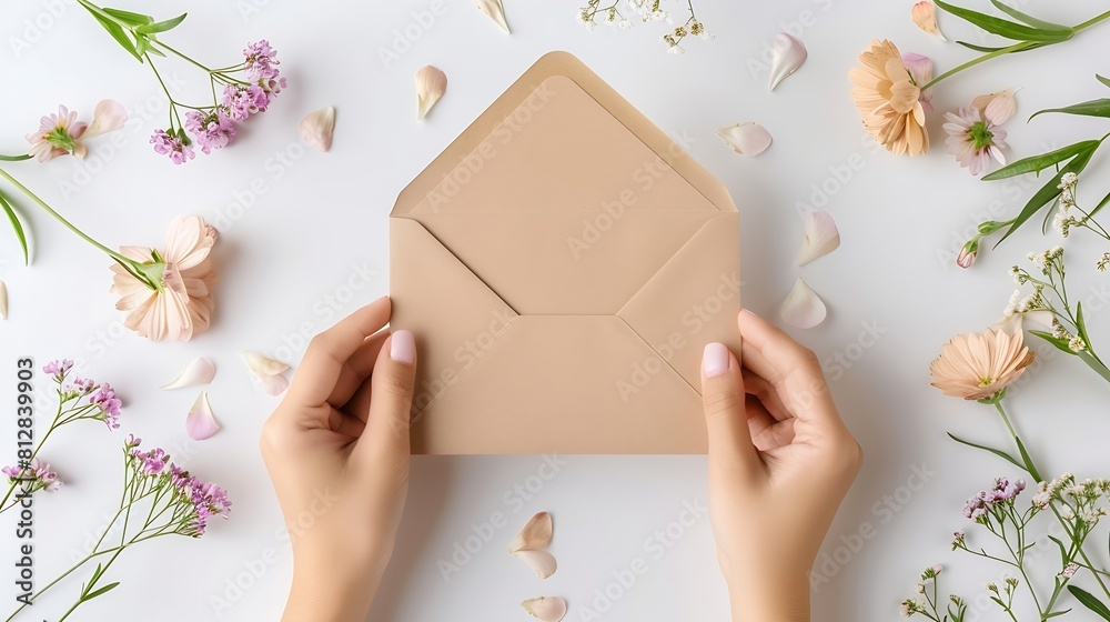 Poster womans hands holding kraft envelope with blank wedding invitation card creative mock up layout on wh