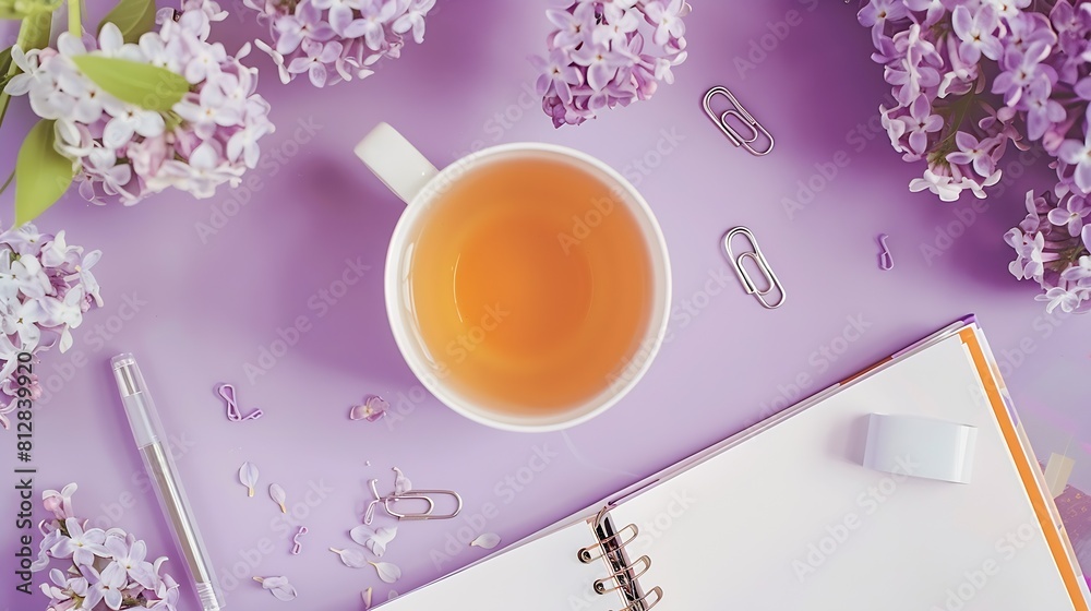 Poster notepad and pen paper clips and clips with a layout of the place to copy Home office desktop with top view decorated with lilac flowers a cup of tea : Generative AI