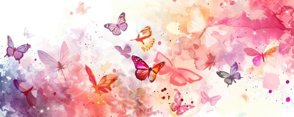 butterfly background. Background of delicate rainbow, multi-colored watercolor butterflies with copy space. banner, advertising,