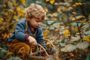 Little child with curly hair picks berries into a wicker basket surrounded by autumn foliage
