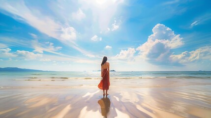 A young woman wears a dress and travels to the beach in the summer alone on her vacation At andaman sea Laem Had Beach Koh Yao YaiThailand : Generative AI
