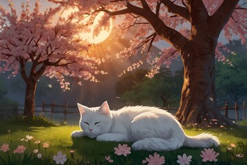 A serene anime landscape with a fluffy white cat curled up under a cherry blossom tree in full bloom.