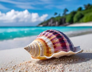 Close-up of a beautiful seashell on a tropical beach. Blurred background of the coast with palm trees.