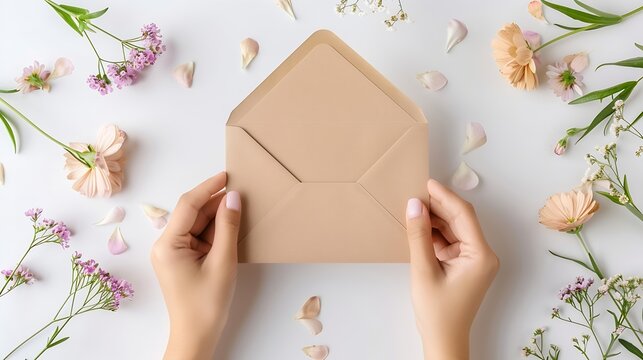 Womans hands holding kraft envelope with blank wedding invitation card Creative mock up layout on white background top view flat lay overhead Minimalistic womans desk flowers greeting  : Generative AI