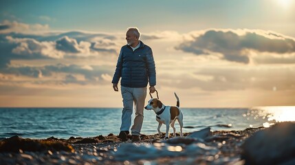 Athletic 60years old man walking together with his dog jack russell terrier by the sea : Generative...