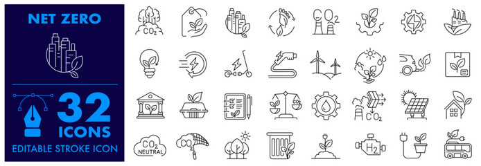 NET ZERO Editable Stroke Icon, CO2, environment, Windmill, Carbon Capture, Windmill, Eco friendly, Carbon Filter, Battery, renewable, Solar Panel, sustainability.