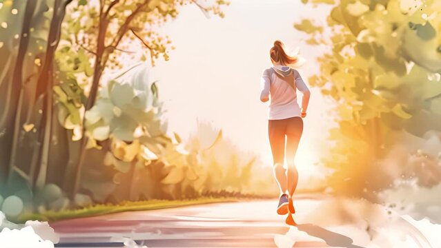 Watercolor, back view of female athlete in exercise clothes running in the park.
