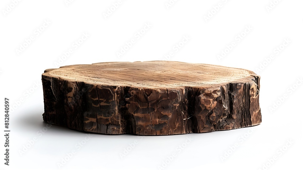 Poster Old wooden podium for display product isolated on white background with clipping path Brown log standing for cosmetic product presentation : Generative AI