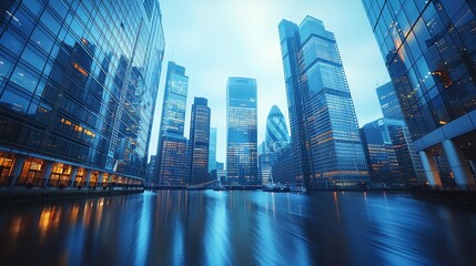 International banking district in a side view, representing global finance Cybernetic tone, Vivid