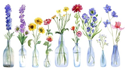 Obraz premium Vibrant Floral Arrangements in Transparent Vases Showcasing the Beauty of Spring Blooms