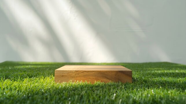 wood podium on green grass with isolated white space in backgroundpromotion beauty cosmetic and healthy natural product placement pedestal platform showcase displayspring or summer adv : Generative AI