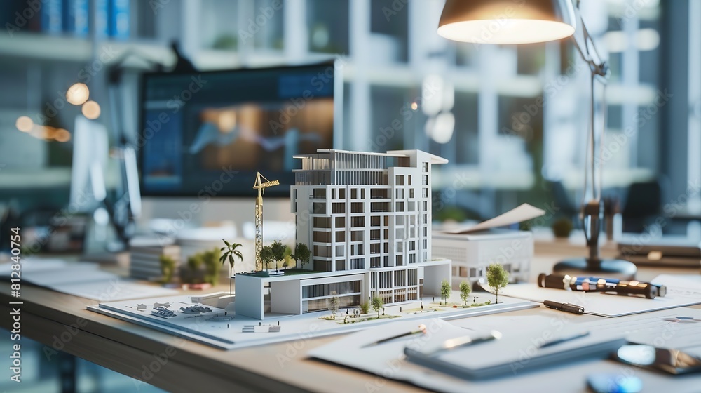Poster Empty office with building model and tools to design construction layout for urban project Nobody in architectural space with maquette and 3d real estate property plan Modern developme : Generative AI