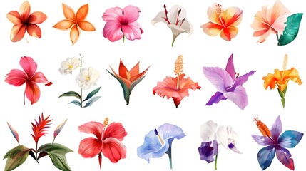 Vibrant Tropical Flowers in Exotic Floral Design with Lush Foliage and Botanical Patterns