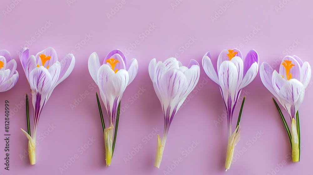 Poster flower layout from spring flowers crocus on a pastellilac background Top view and copy space : Generative AI