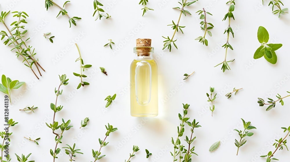 Poster Thyme essential oil in bottle fresh branch and leaves isolated on white background Creative layout Top view flat lay Alternative medicine concept Design element : Generative AI