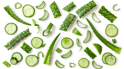 Aloe vera and cucumber slices isolated on white background Top view flat lay Design element Creative layout Alternative medicine and beauty spa concept : Generative AI