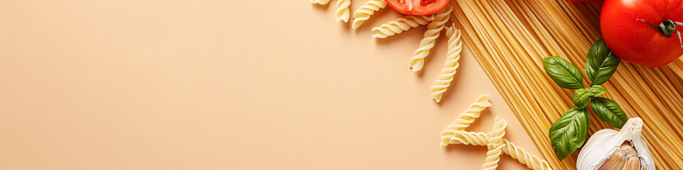 Pasta recipe preparation flatlay background with ingredients, spaghetti, olive oil, garlic, tomatoes and spices in the kitchen, homemade food recipe idea