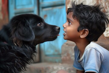 Closeup of a young boy and a black dog looking into each other's eyes, showing a bond between child and pet