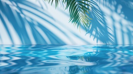 Summer BackgroundPure Water Surface Texture on Blue Wall Studio with Light Shadow Palm LeavesBackdrop Podium Display and water floating sun reflectionConcept Spring cosmetic or Spa Pro : Generative AI