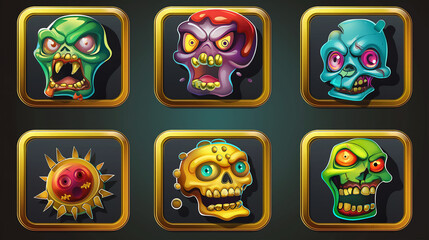 Zombie asset or Slot game icons on dark background, Illustration