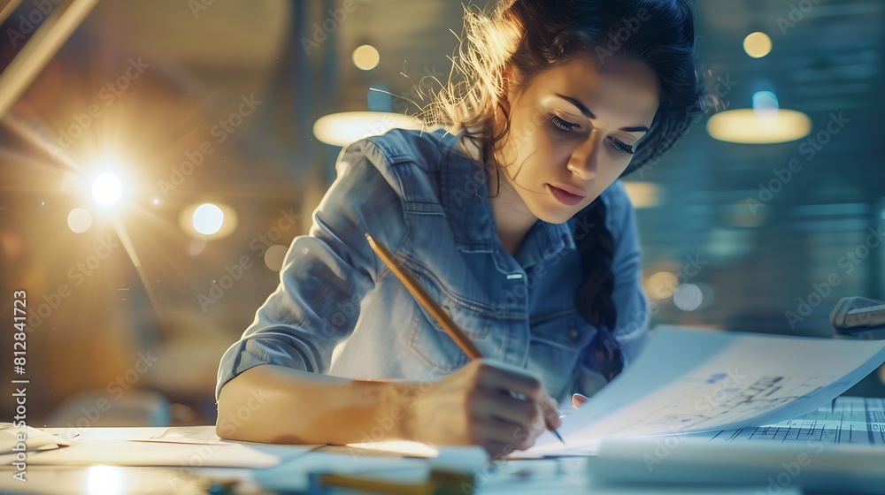 Poster young female architect and designer working on blueprint project of new apartments photo concept of 
