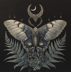 A green Luna moth with outstretched wings rests on a dark background surrounded by colourful flowers and small stars. A crescent moon hovers above it, creating a serene night landscape.