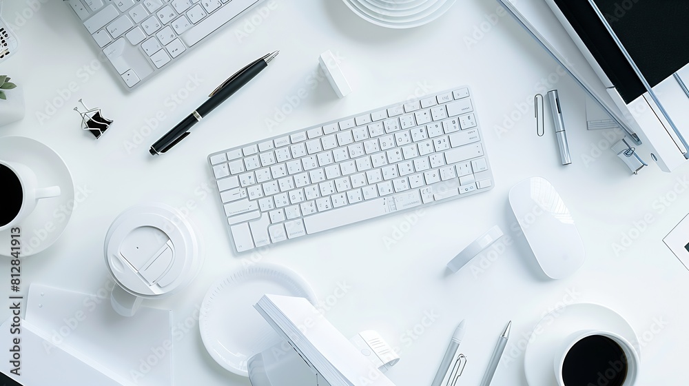 Aufkleber White office desk table with blank notebook computer keyboard and other office supplies Top view with copy space flat lay : Generative AI
