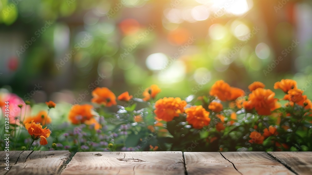 Poster Wood table top with blur of orange garden in the morningFor montage product display or design key visual layout : Generative AI